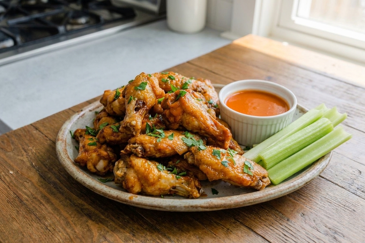 A platter of crispy oven-baked chicken wings with golden brown skin, scattered with chopped parsley, served with a small bowl of buffalo-style sauce and celery on a wooden table