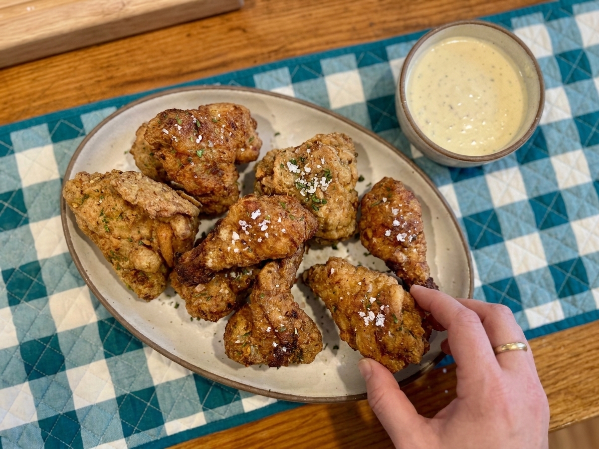 A platter of crispy oven fried chicken pieces with golden brown coating and flaky salt on top, set on a simple kitchen table with a linen napkin and a small bowl of dipping sauce