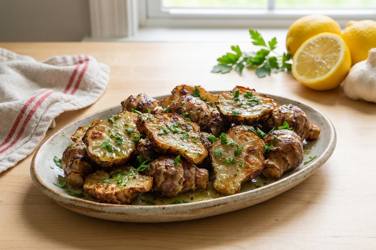 A platter of crispy roasted Jerusalem artichokes with browned edges, glistening with lemon garlic butter and sprinkled with chopped parsley on a simple wooden table