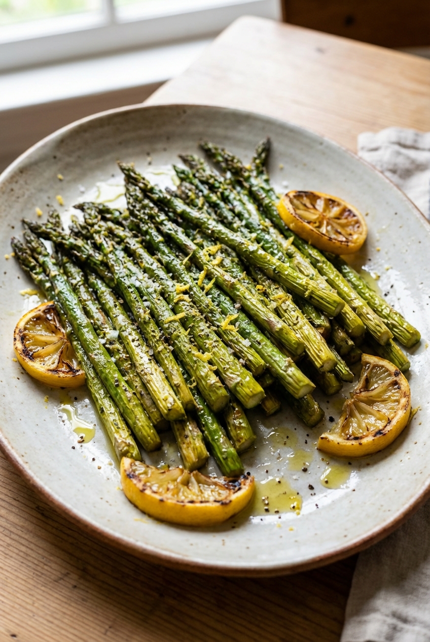 A platter of crispy roasted asparagus with lemon