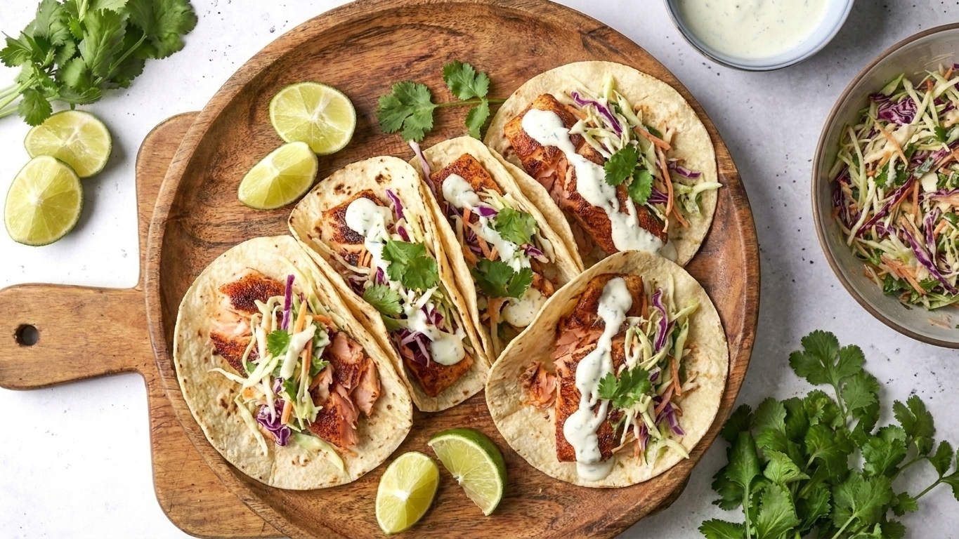 Crispy Salmon Tacos with Lime Crema