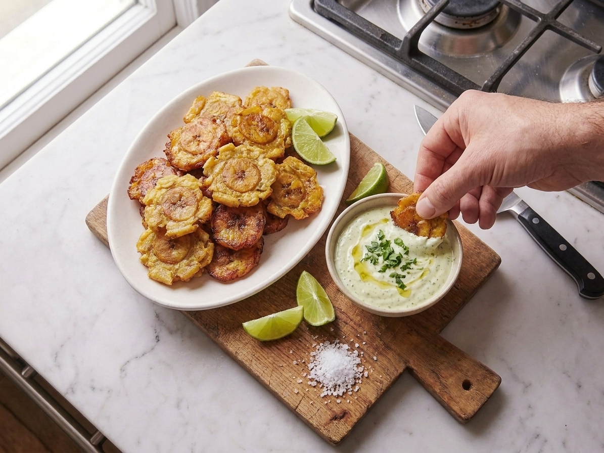 A platter of crispy tostones with a small bowl of garlic-lime dipping sauce and lime wedges on a simple table setting