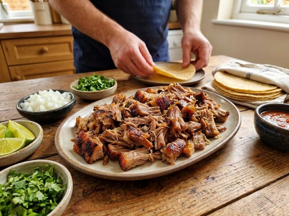 A platter of crock pot carnitas with crispy edges, served with warm tortillas, diced onion, cilantro, and lime wedges on a cozy kitchen table