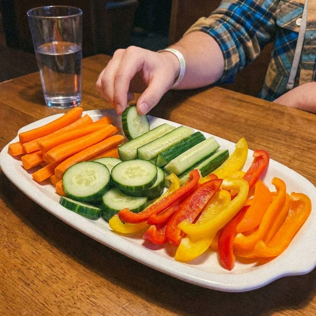 A platter of cut fresh vegetables including carrots, cucumbers, and bell peppers