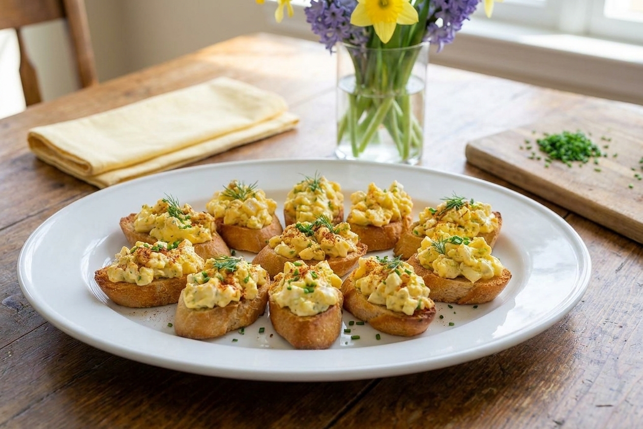 A platter of deviled egg crostini arranged in rows on a white serving tray, topped with paprika, chopped chives, and a few small dill sprigs on a sunlit kitchen table