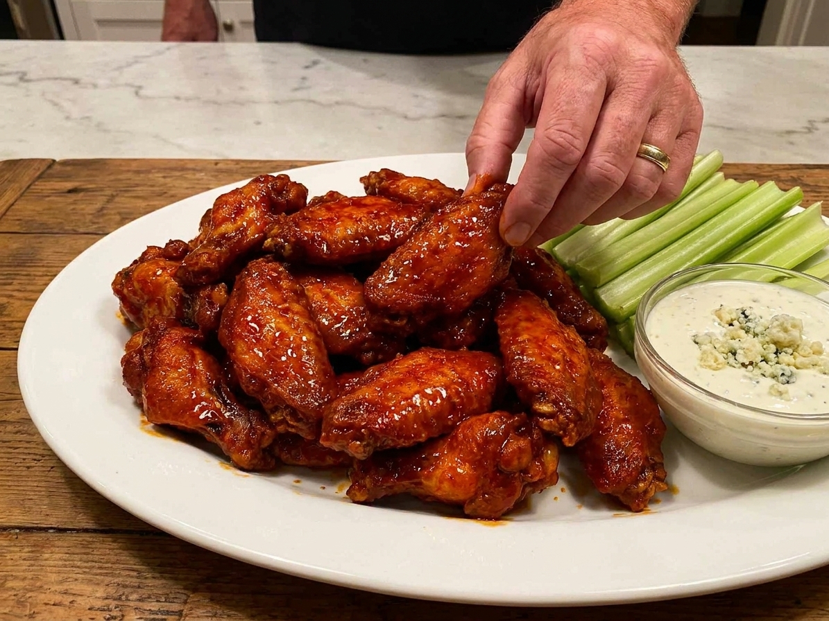 A platter of extra hot buffalo wings glossy with deep red sauce, served with celery sticks and a bowl of blue cheese dressing on a wooden table