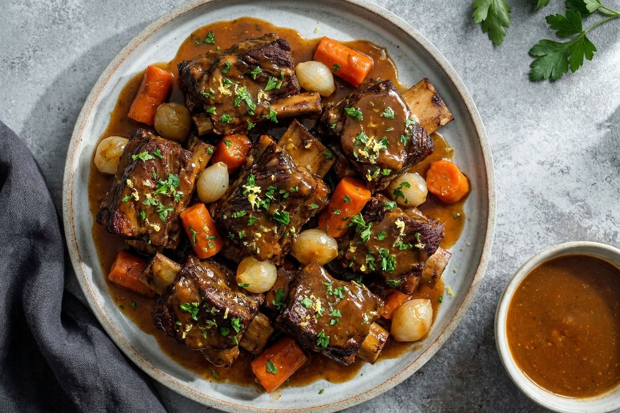 A platter of fall-apart beef short ribs coated in glossy brown gravy with carrots and onions