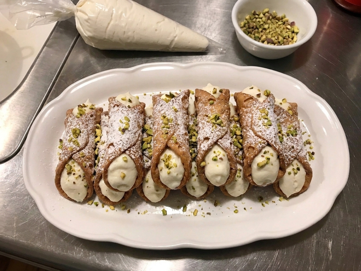 A platter of filled cannoli shells topped with powdered sugar and chopped pistachios on a simple table setting