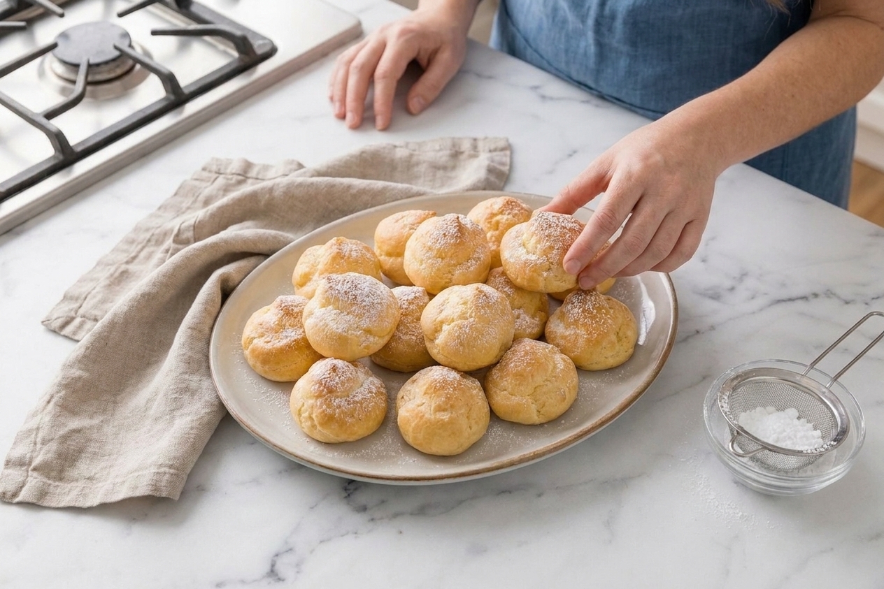 A platter of filled cream puffs dusted lightly with powdered sugar on a simple table setting with a neutral linen napkin
