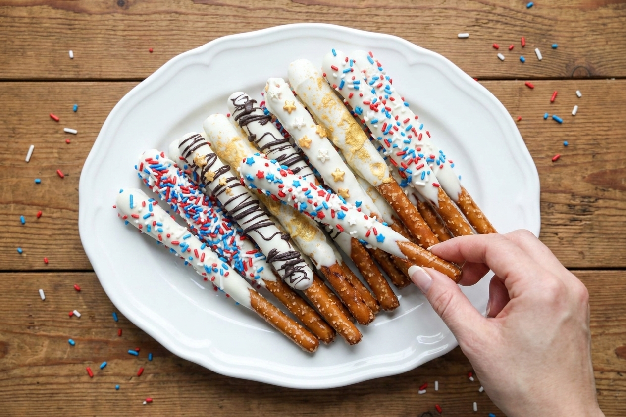 A platter of finished firework-themed pretzel rods with white chocolate coating and festive red, white, and blue sprinkles on a wooden table