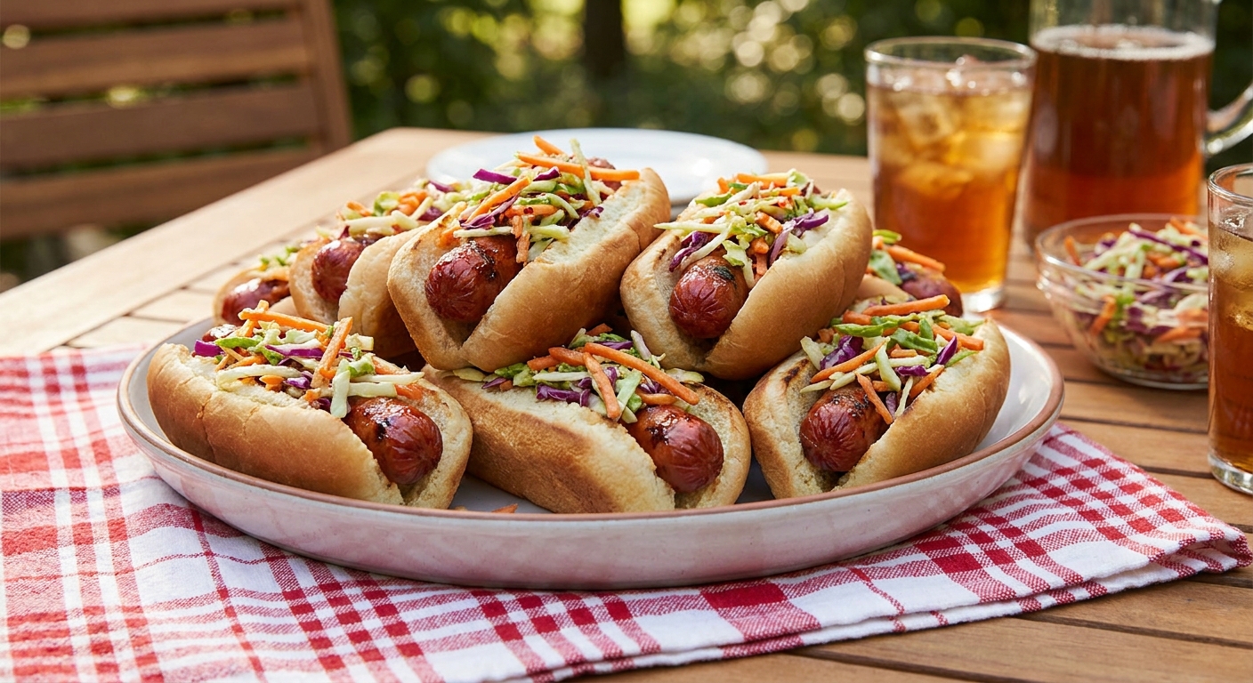 A platter of firecracker-glazed hot dogs in toasted buns topped with crunchy slaw on a summer table with a red-and-white towel, natural afternoon light
