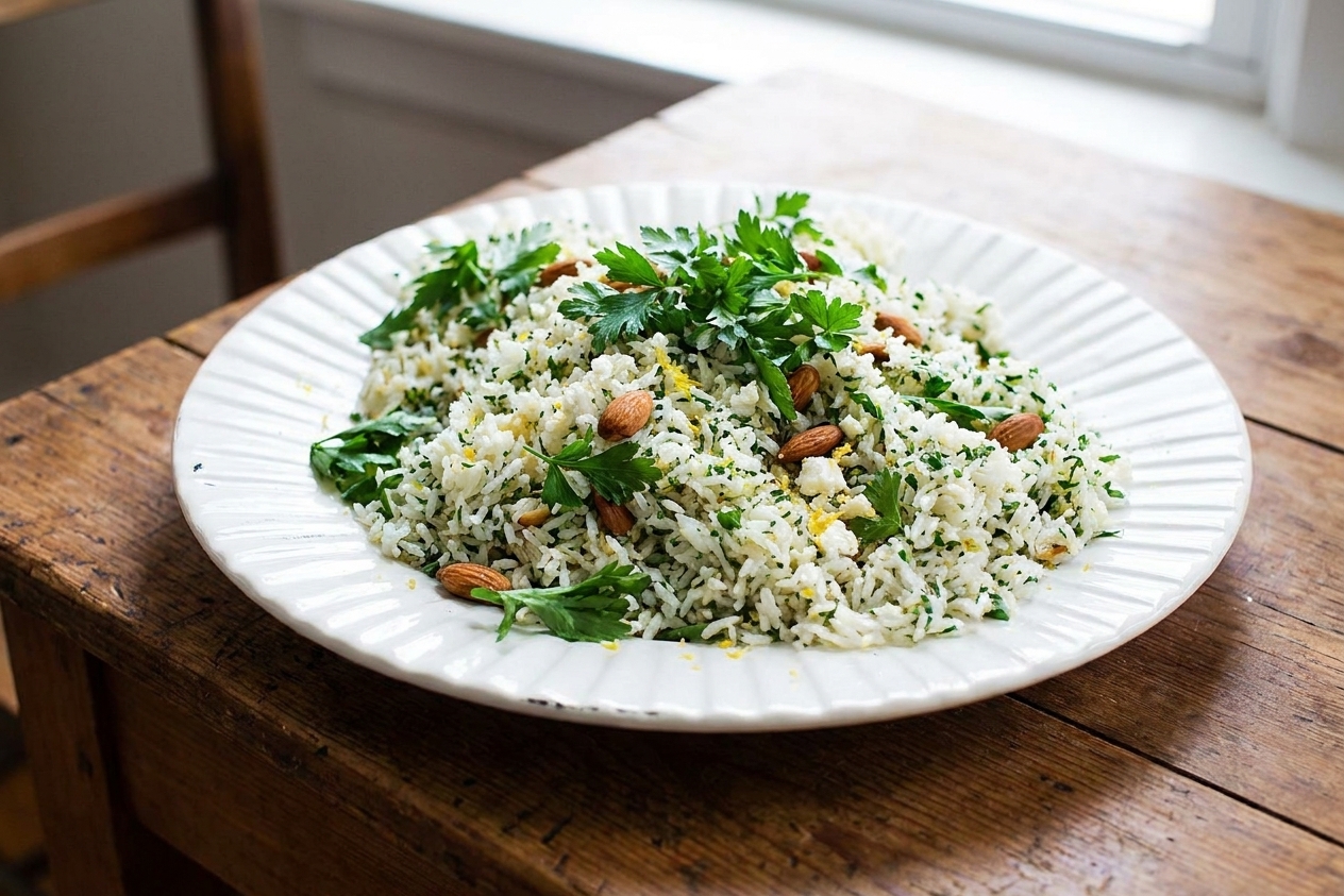 A platter of fluffy Mediterranean rice with lemon zest, chopped parsley, toasted almonds, and a few crumbles of feta on a warm-toned kitchen table