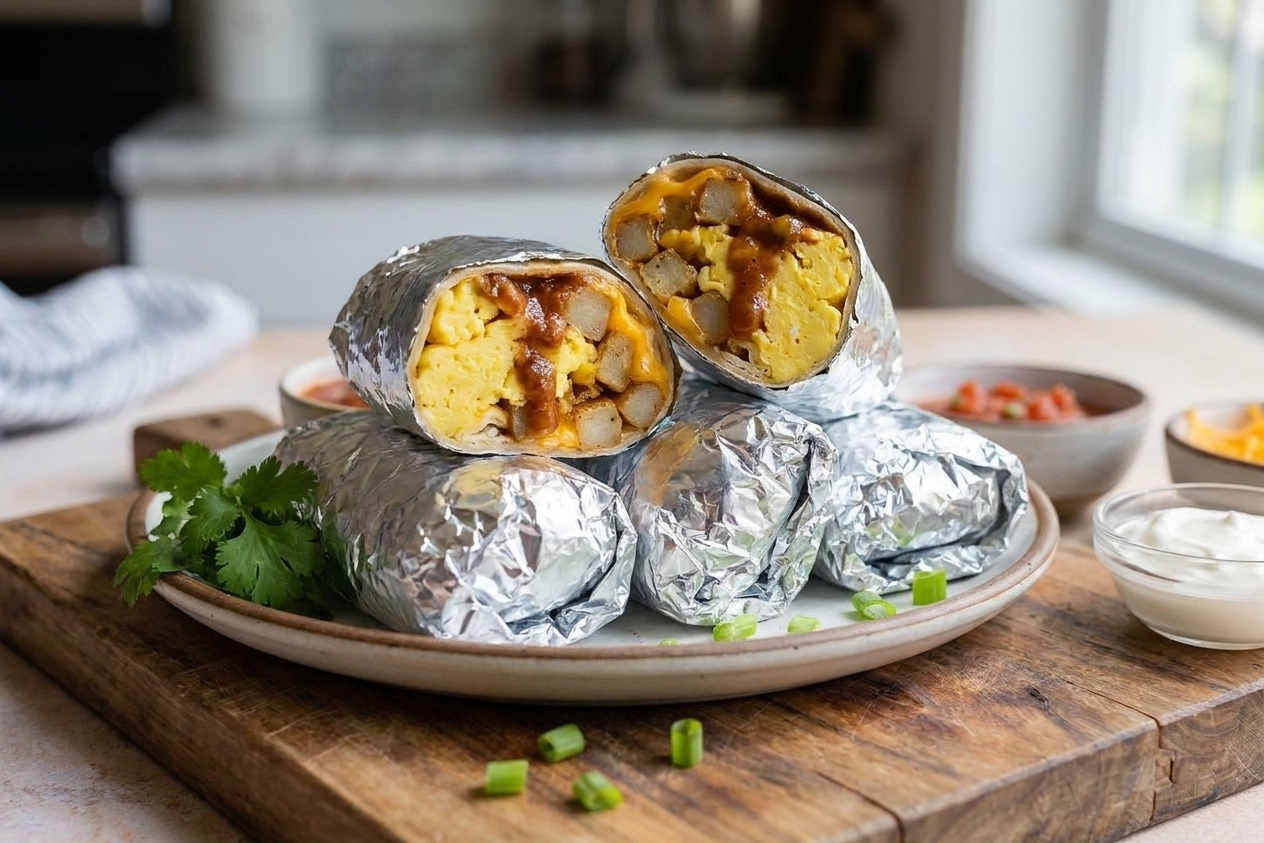 A platter of foil-wrapped breakfast burritos with one burrito cut open to show fluffy scrambled eggs, crispy potatoes, melted cheese, and salsa crema on a wooden kitchen table