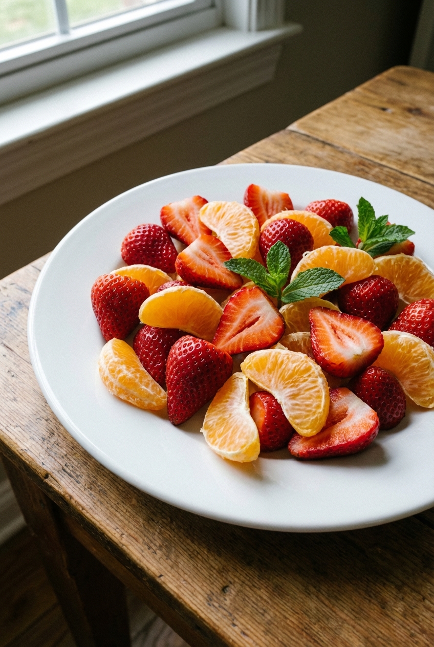 A platter of fresh strawberries and orange segments on a white plate