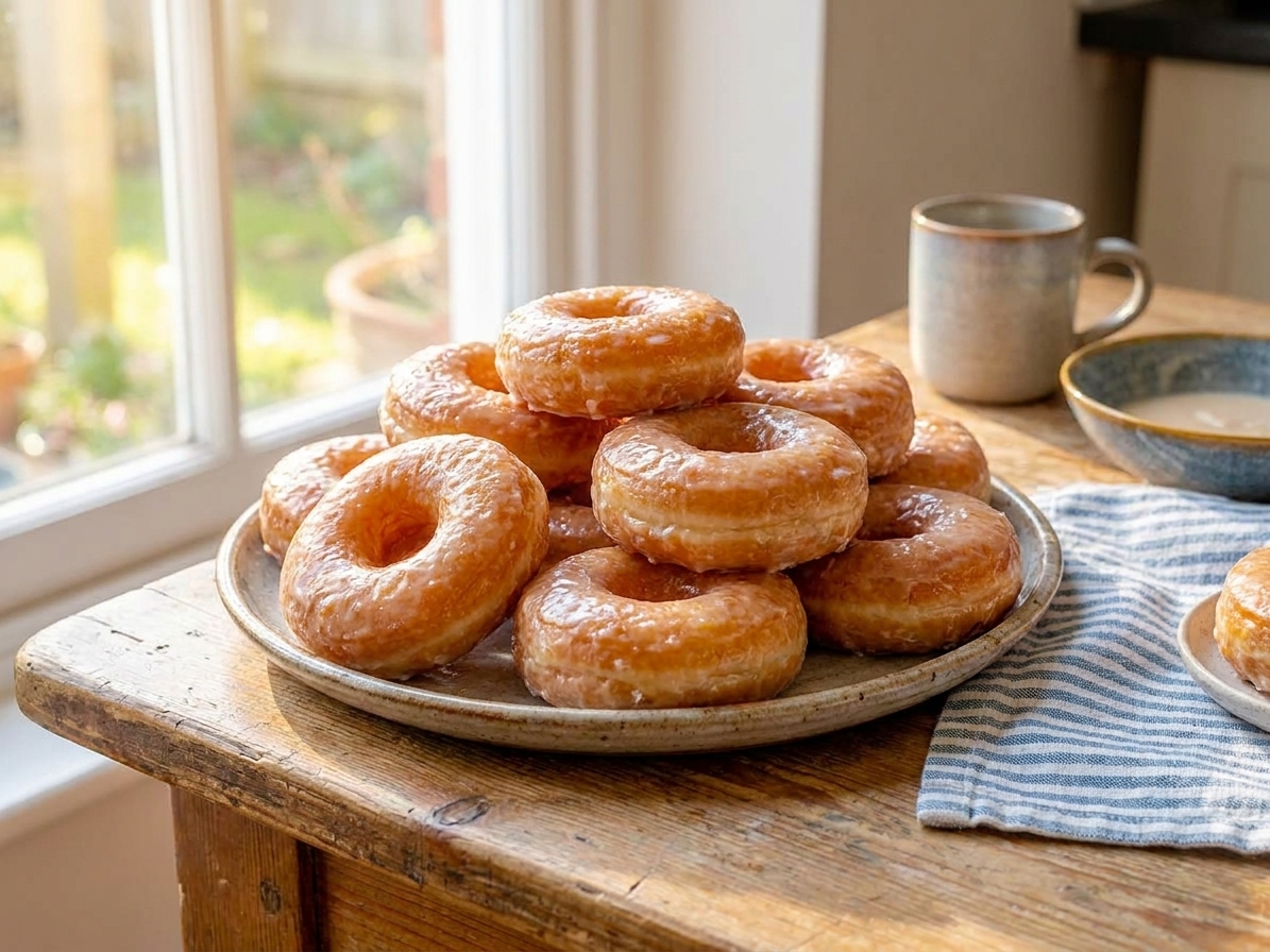 A platter of freshly glazed yeast-raised donuts with a light sheen, set on a wooden kitchen table near a sunlit window