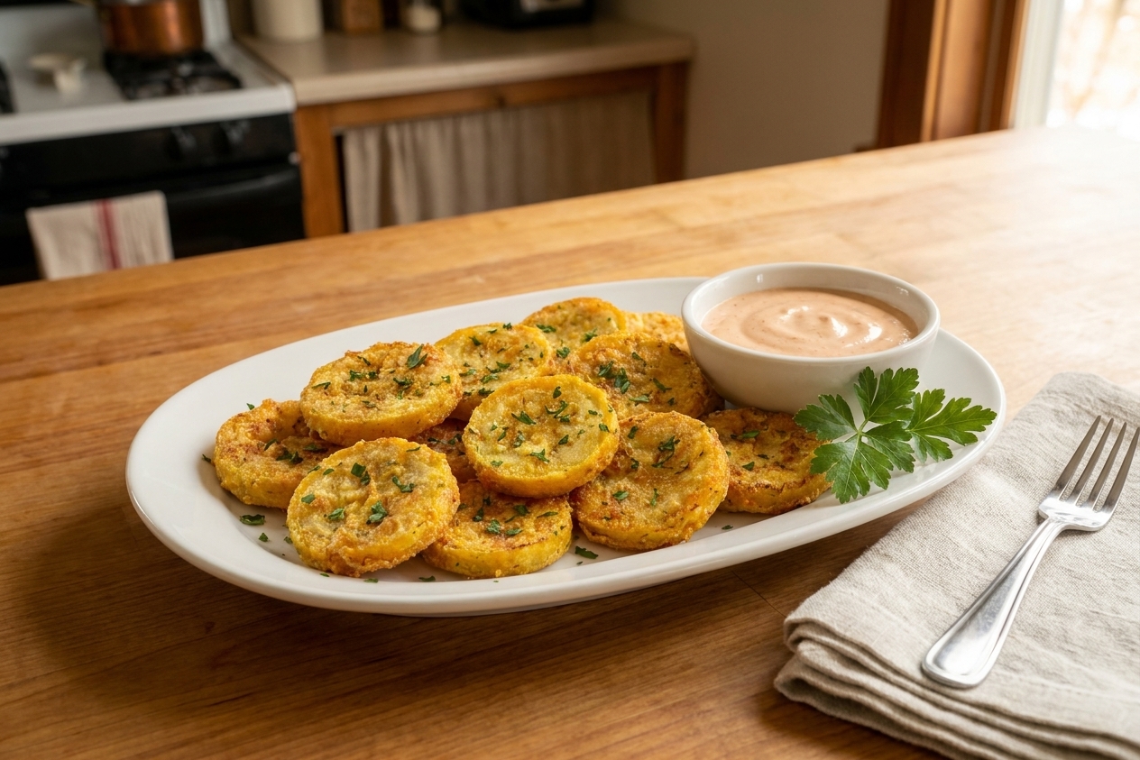 A platter of fried squash on the table next to napkins and a small bowl of sauce