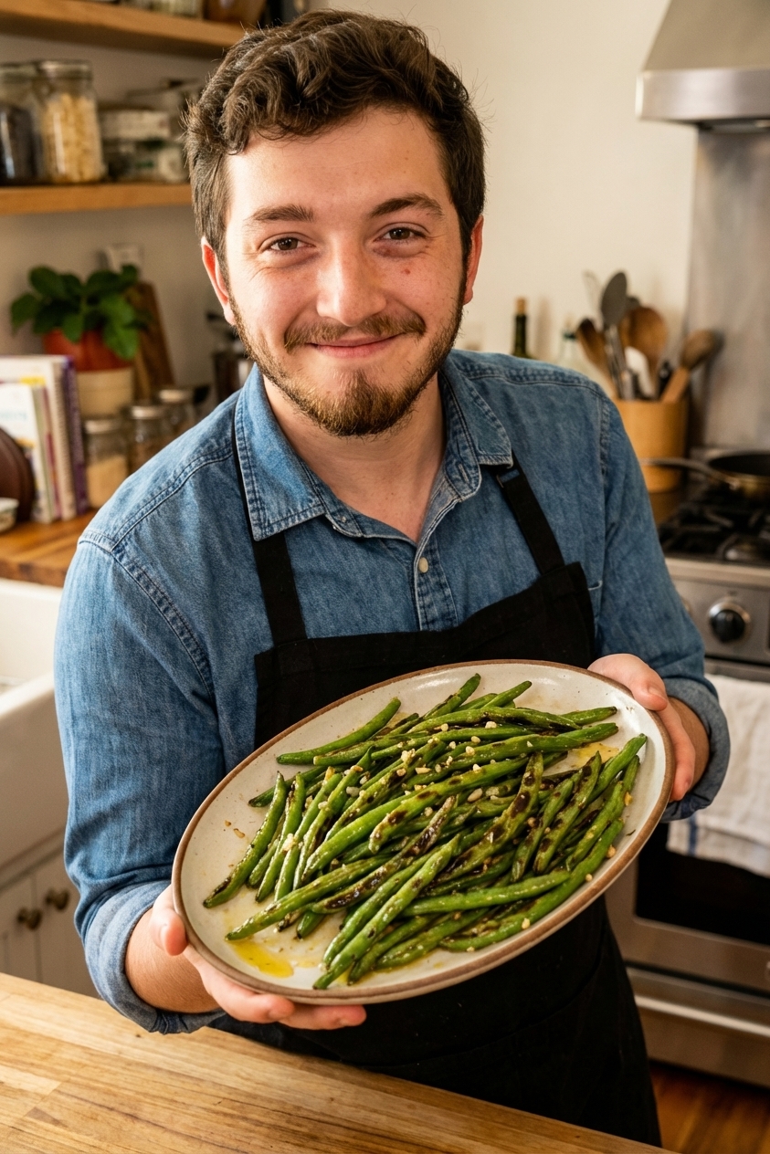 A platter of garlicky sautéed green beans with blistered spots