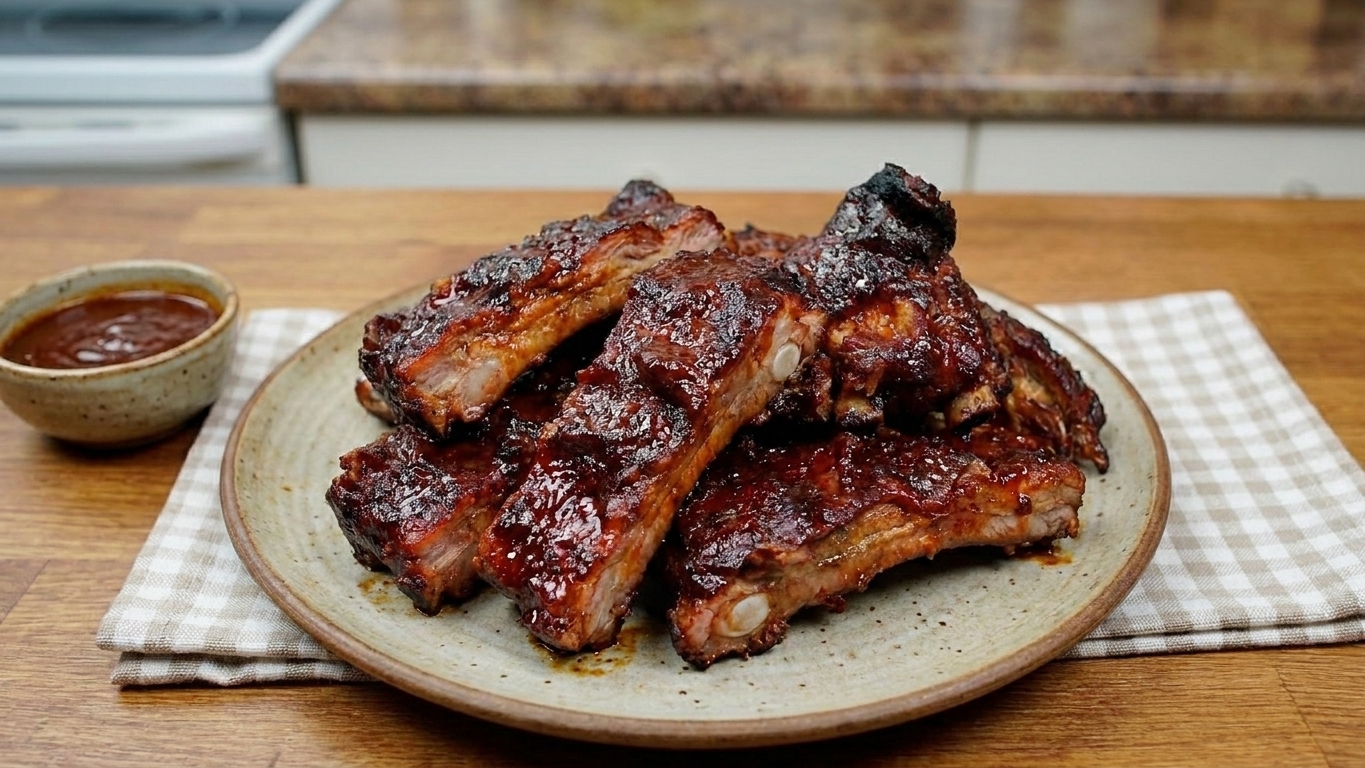 A platter of glazed pork ribs with caramelized edges, served on a wooden table with a small bowl of extra barbecue sauce and a simple napkin setting
