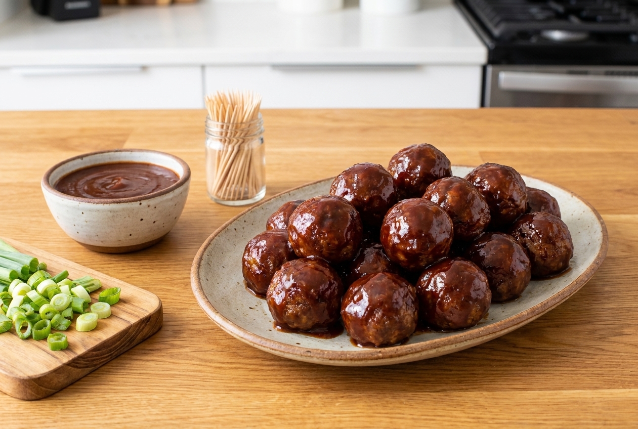 A platter of glossy BBQ meatballs with a small bowl of extra sauce, toothpicks, and sliced green onions on a warm kitchen table