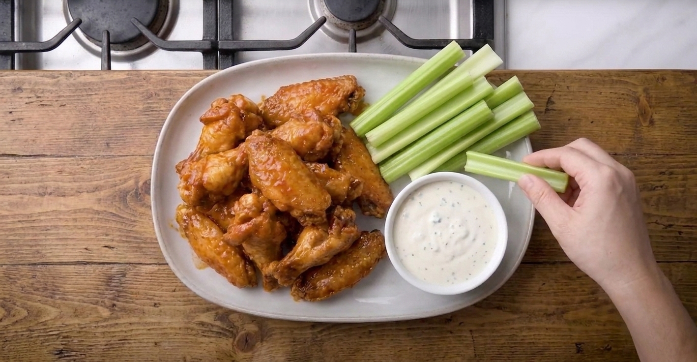A platter of glossy Buffalo hot wings with celery sticks and a small bowl of blue cheese dressing on a wooden table