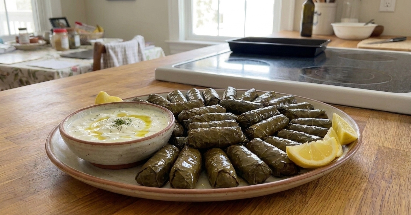 A platter of glossy Greek dolmades arranged in a circle with lemon wedges and a small bowl of yogurt sauce on a warm-toned kitchen table