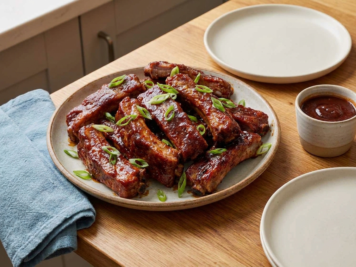 A platter of glossy, caramelized boneless pork ribs glazed with BBQ sauce, sprinkled with sliced scallions, set on a warm-toned kitchen table with simple plates