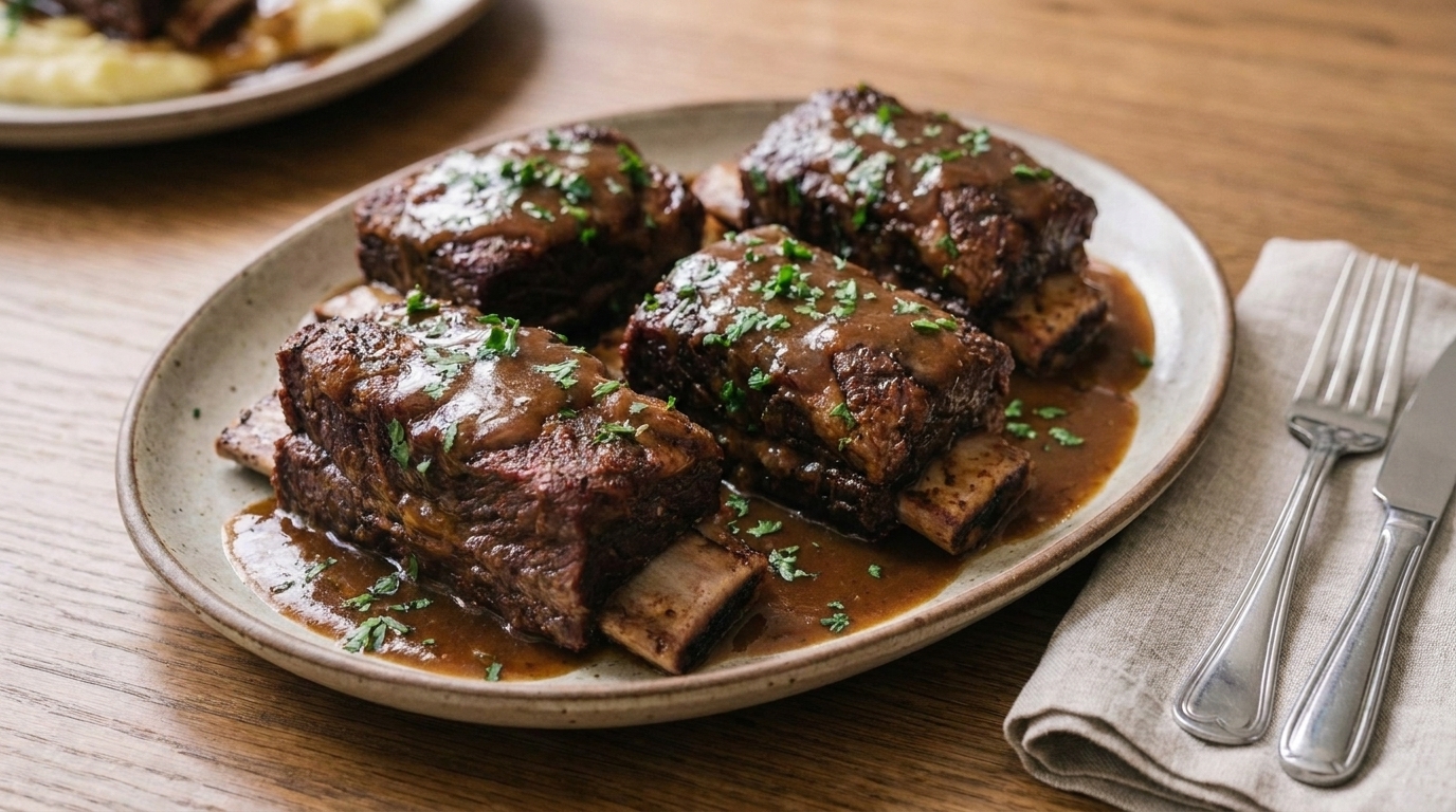 A platter of glossy, fall-apart crockpot beef short ribs in rich brown gravy, garnished with parsley on a rustic wooden table with a linen napkin