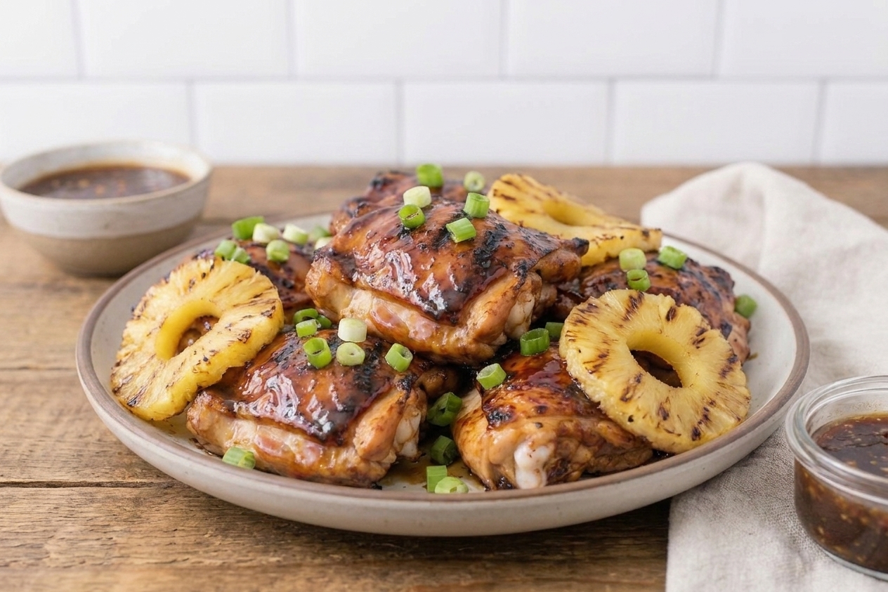 A platter of glossy huli huli chicken thighs with charred edges, sliced green onions, and pineapple rings on a warm wooden table