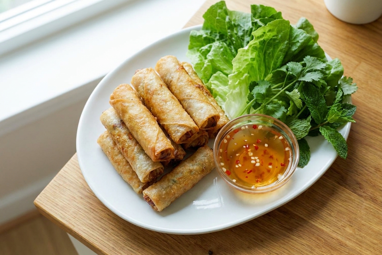 A platter of golden Vietnamese-style fried spring rolls arranged on a white plate with a small bowl of amber dipping sauce, fresh lettuce, and herbs on a warm kitchen table