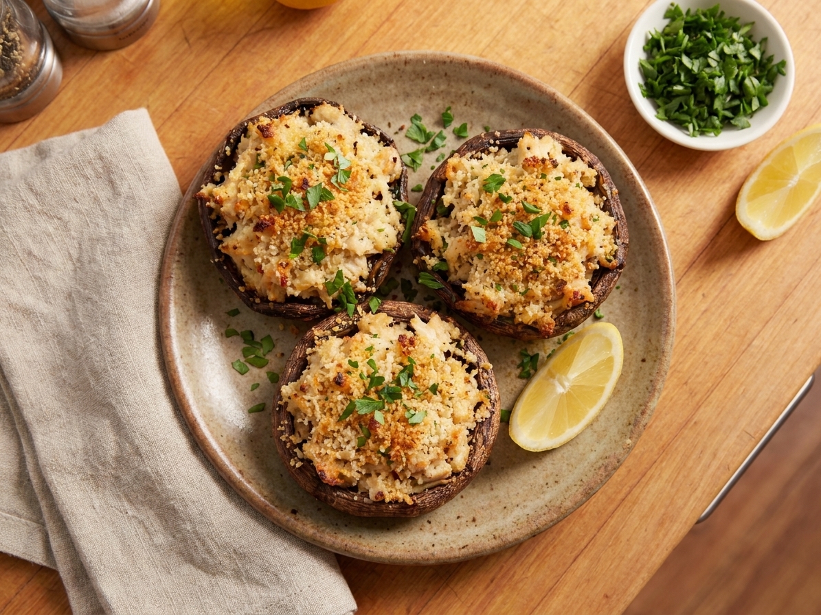 A platter of golden baked crab stuffed mushrooms with browned tops and scattered parsley on a warm wooden table setting