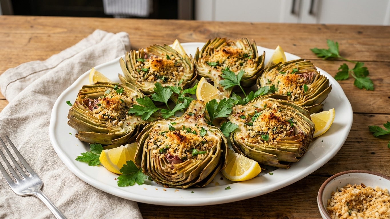 A platter of golden baked stuffed artichokes with crisp breadcrumb tops, lemon wedges, and scattered parsley on a kitchen table