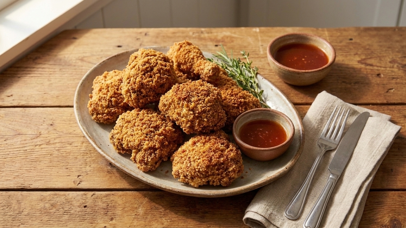 A platter of golden brown Kentucky-style fried chicken with a craggy, crispy coating, set on a rustic wooden table with a small bowl of dipping sauce