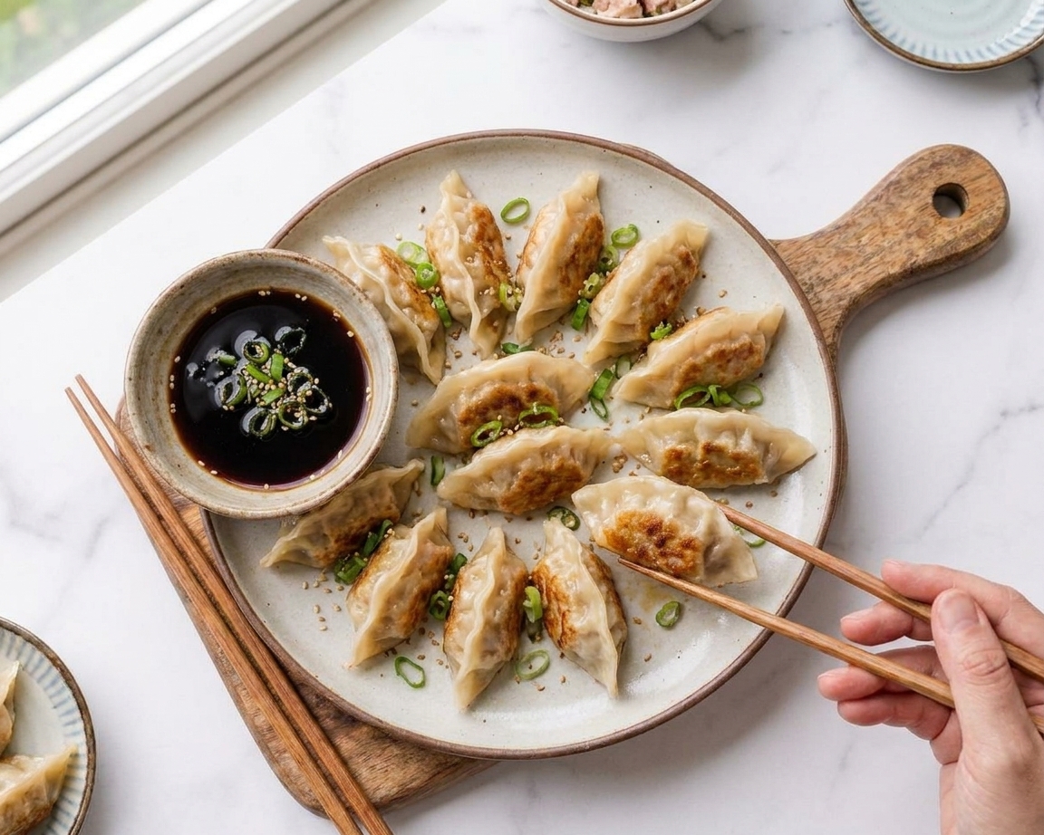 A platter of golden-brown Korean mandu dumplings with crisp bottoms, sprinkled with sliced scallions and sesame seeds, with a small bowl of soy vinegar dipping sauce on a warm kitchen table