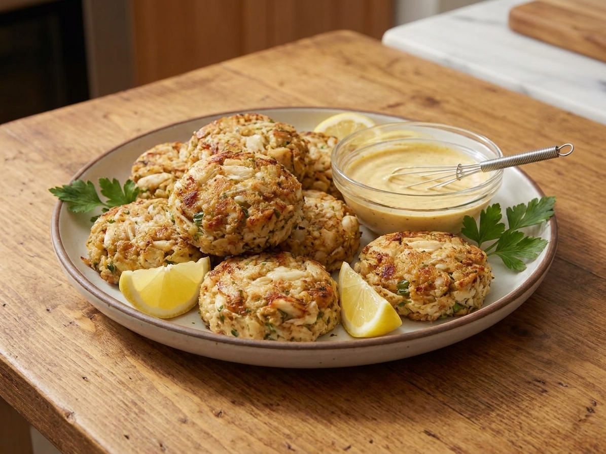A platter of golden-brown Maryland-style crab cakes with lemon wedges and a small bowl of creamy remoulade on a wooden table, warm natural kitchen lighting