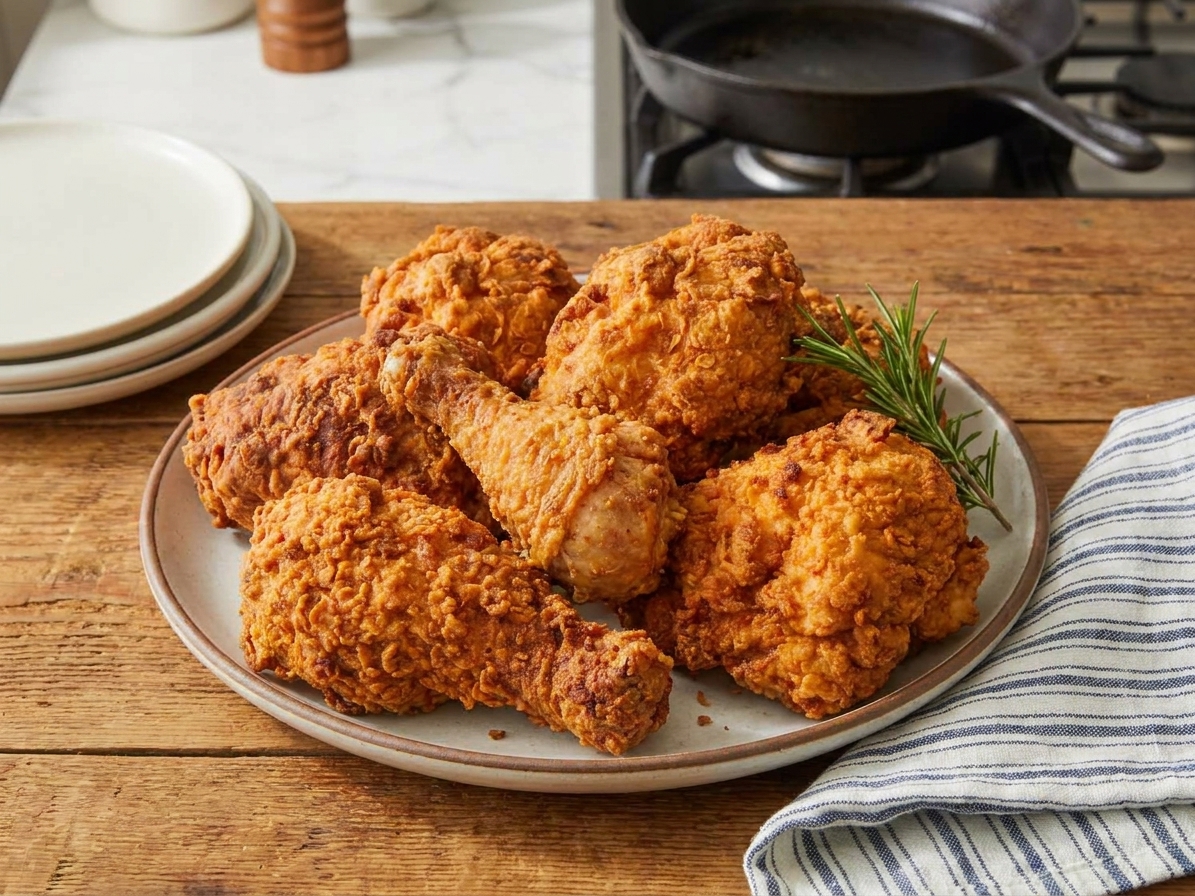 A platter of golden brown Southern fried chicken pieces with a craggy, crisp coating on a wooden table with a simple cloth napkin, warm kitchen lighting