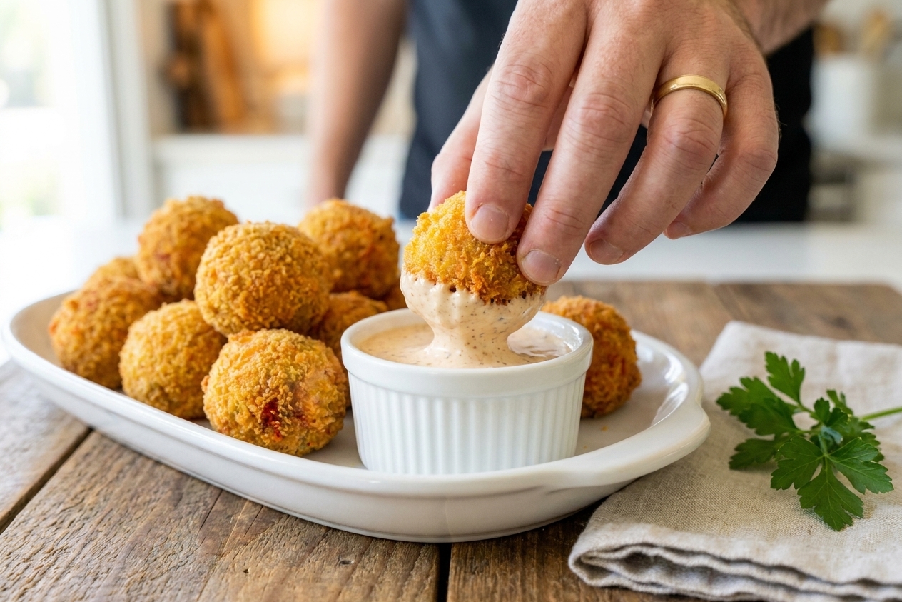 A platter of golden brown boudin balls with a small bowl of creamy remoulade dipping sauce on a rustic wooden table, warm kitchen lighting