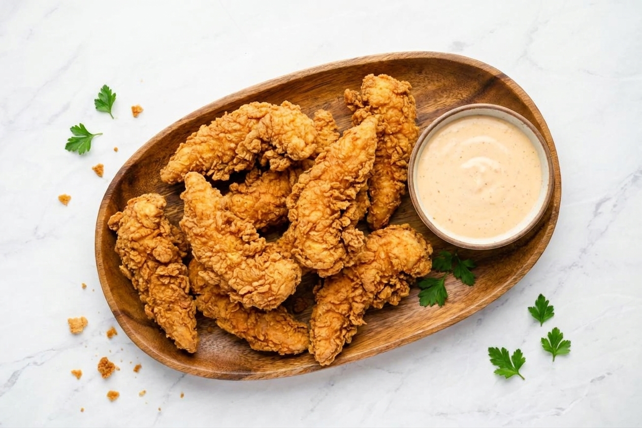 A platter of golden brown buttermilk fried chicken tenders with a craggy, crisp coating on a wooden table with a small bowl of dipping sauce