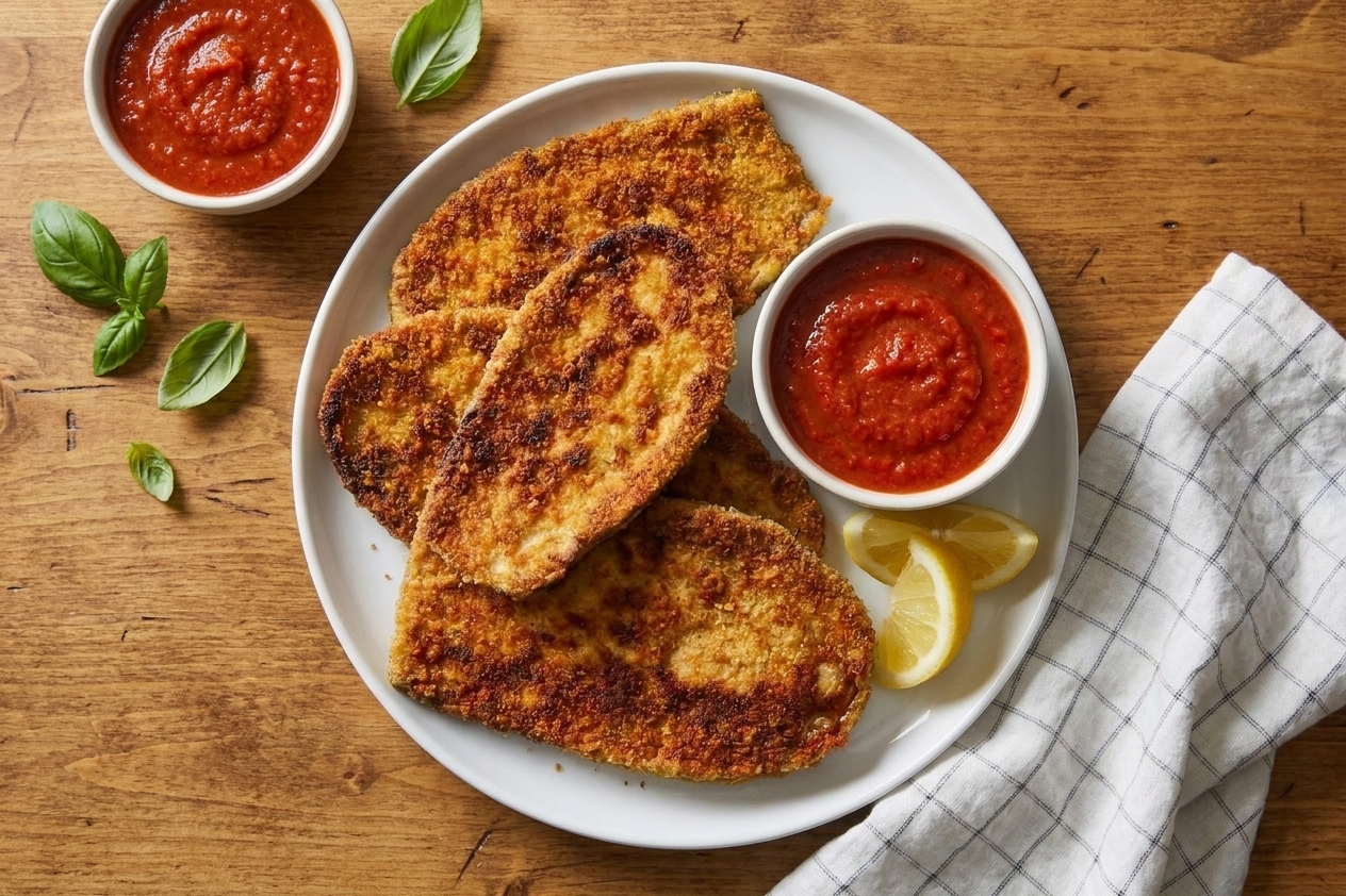 A platter of golden-brown crispy fried eggplant slices with a small bowl of marinara sauce on a warm kitchen table