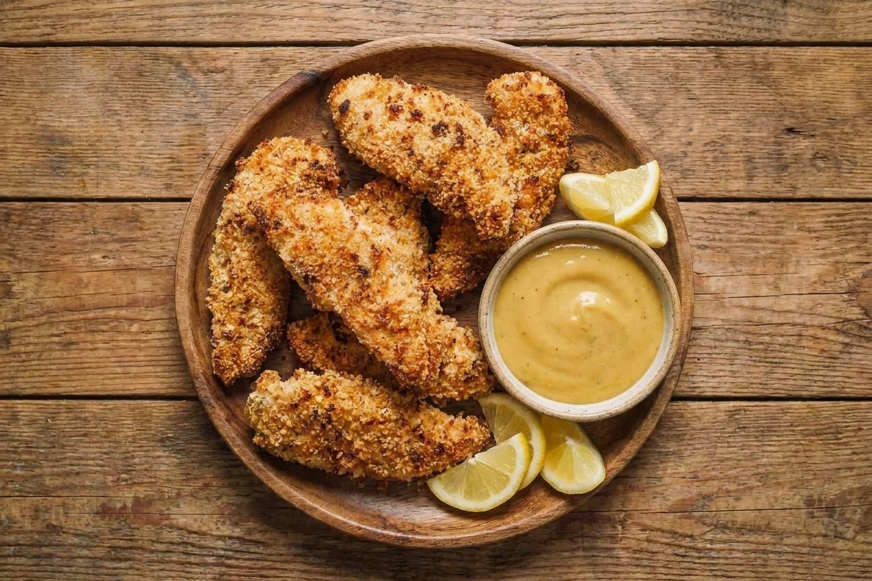 A platter of golden brown fried chicken tenders with a crunchy craggy coating, served with a small bowl of honey mustard and lemon wedges on a wooden kitchen table