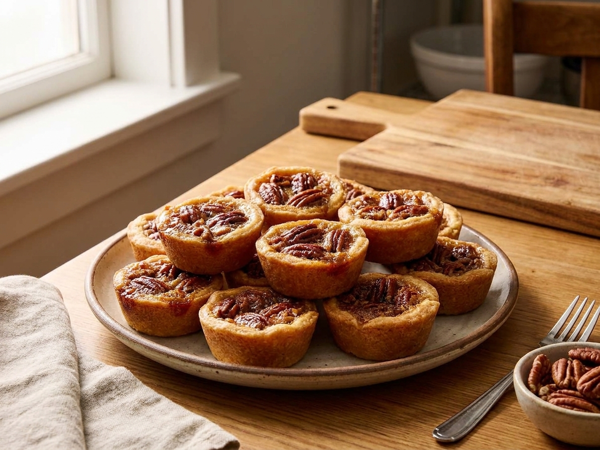 A platter of golden-brown pecan tassies with glossy pecan filling, arranged on a warm kitchen table with soft natural light