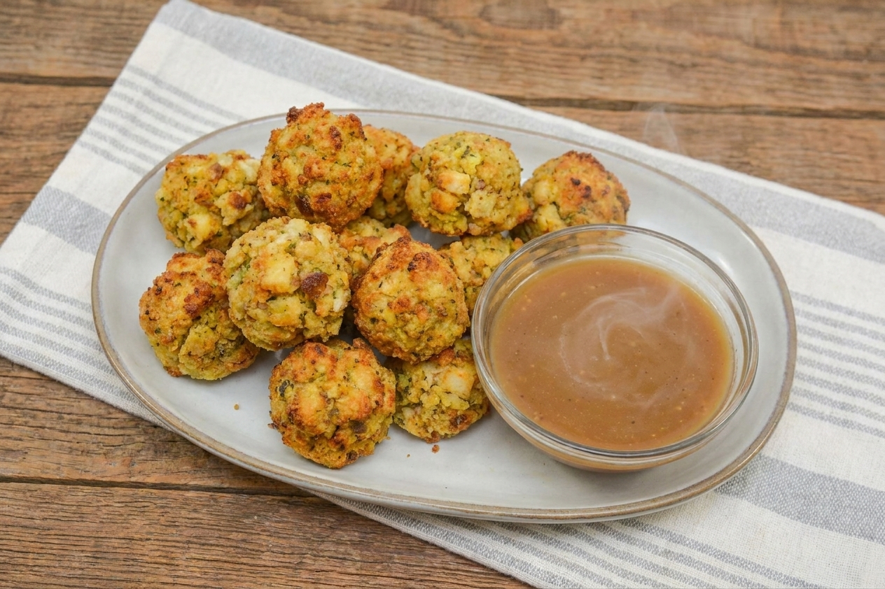 A platter of golden-brown stuffing balls with crisp edges, served with a small bowl of warm gravy on a rustic wooden table
