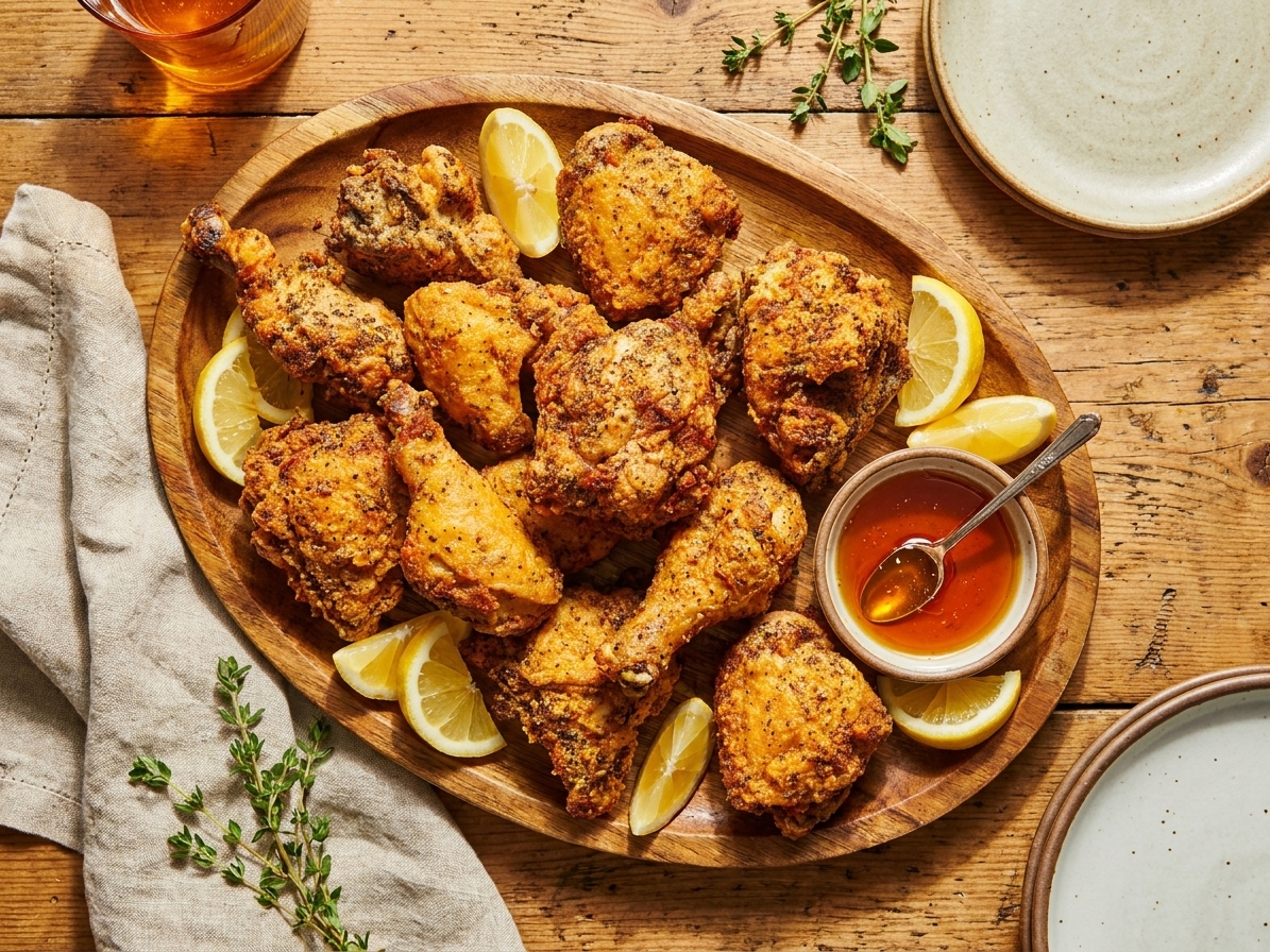 A platter of golden buttermilk fried chicken with a crisp, craggy coating on a rustic table with a small bowl of hot honey and lemon wedges under warm kitchen lighting