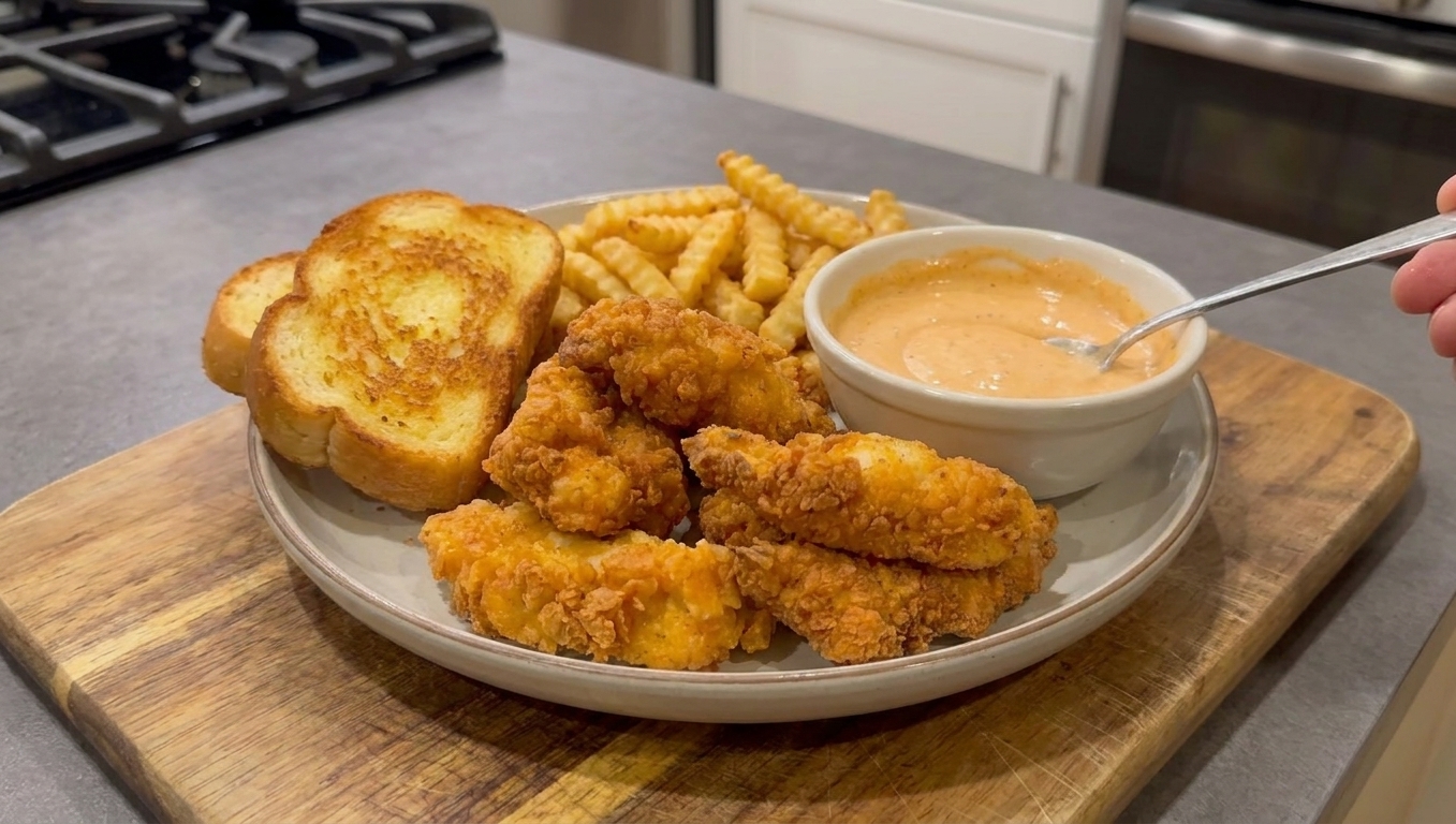 A platter of golden crispy chicken fingers with crinkle-cut fries, Texas toast, and a small cup of creamy dipping sauce on a casual kitchen table