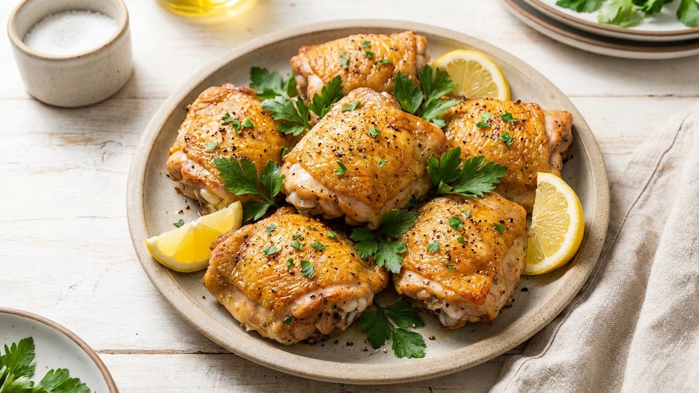 A platter of golden, crispy-skinned chicken thighs cooked in a Ninja air fryer, finished with lemon slices and cracked black pepper on a stoneware plate on a bright kitchen table