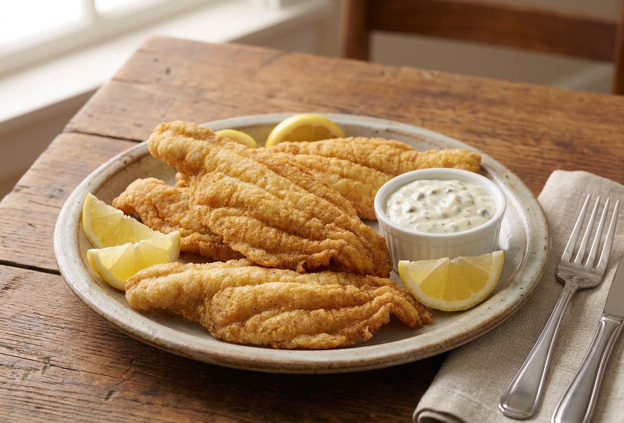 A platter of golden fried catfish fillets with lemon wedges and a small bowl of tartar sauce on a wooden table in warm natural light