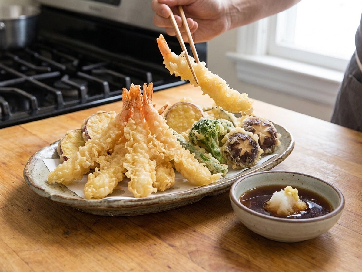 A platter of golden vegetable and shrimp tempura with airy, lacy crisp edges, served with a small bowl of dipping sauce on a warm kitchen table