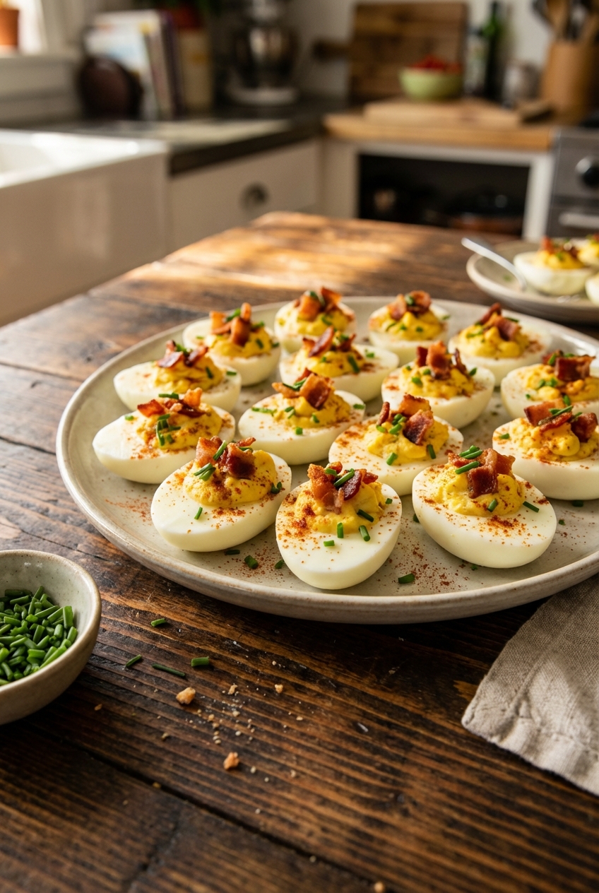 A platter of gourmet deviled eggs topped with crispy bacon bits, fresh chives, and a light sprinkle of smoked paprika on a rustic wooden table