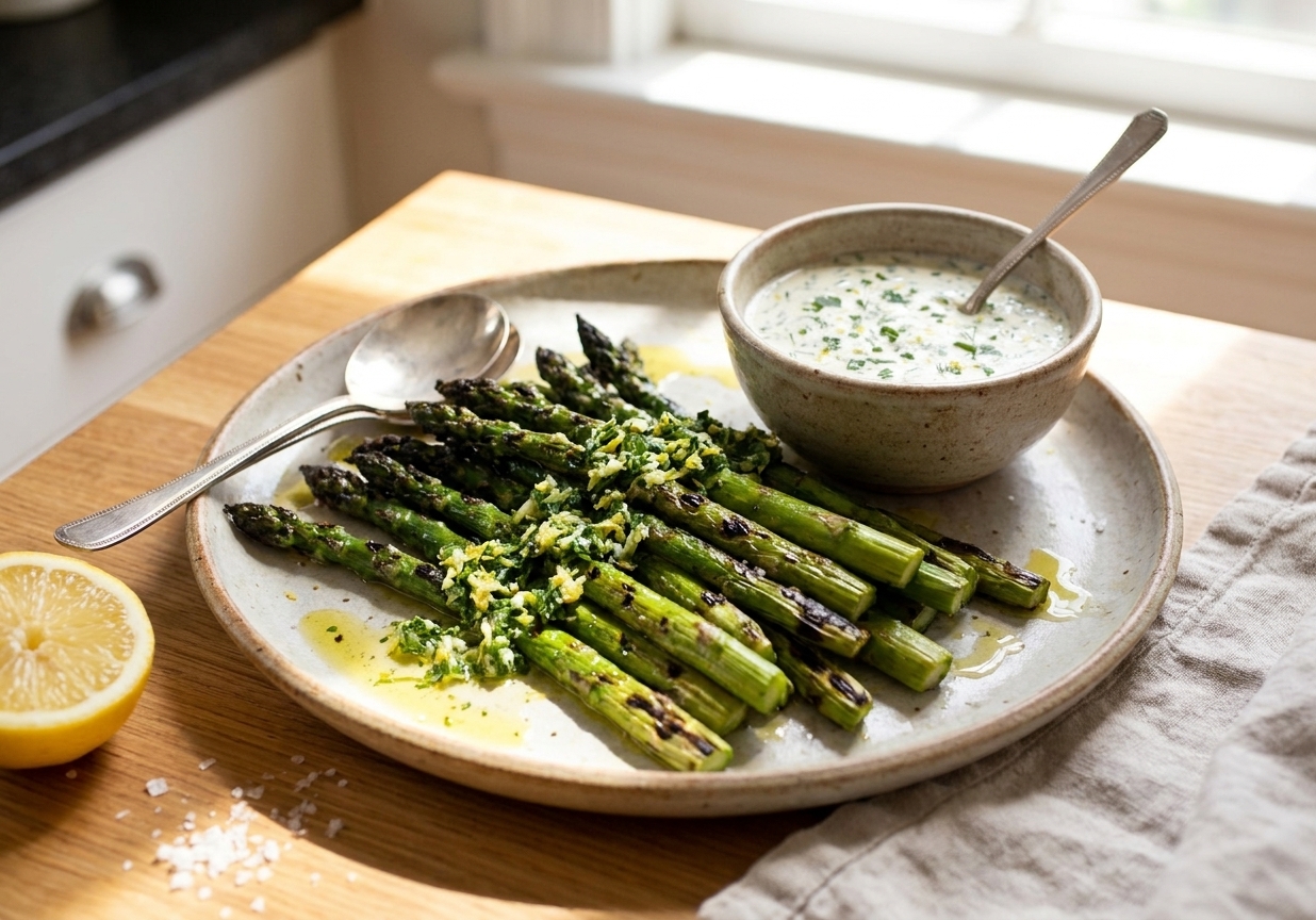 A platter of grilled asparagus with charred tips and a bowl of lemony garlic herb sauce on a bright kitchen table
