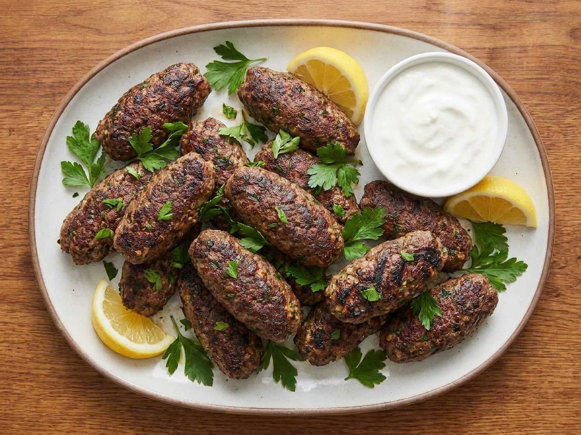 A platter of grilled beef kafta kebabs with charred edges, served with lemon wedges, parsley, and a small bowl of yogurt sauce on a wooden table