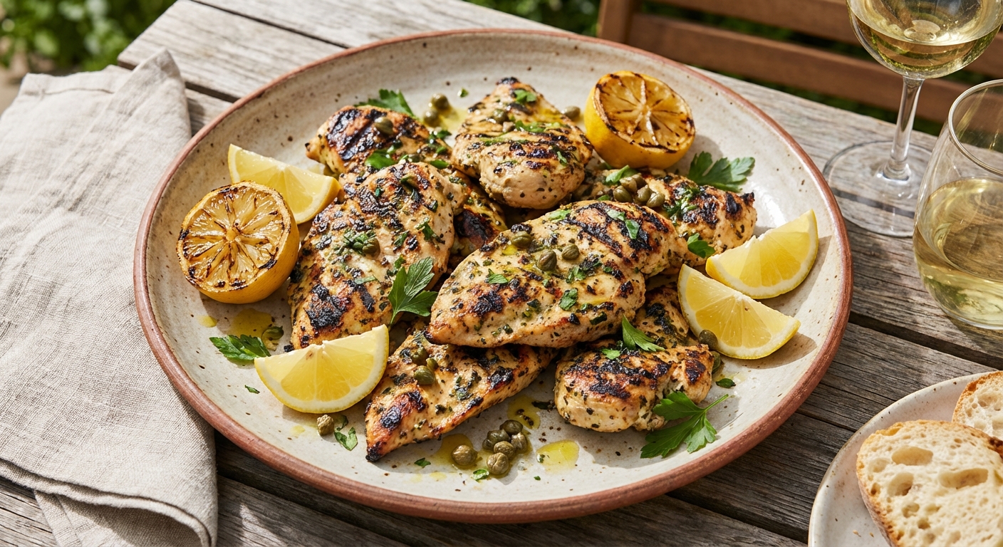 A platter of grilled chicken cutlets with lemon wedges